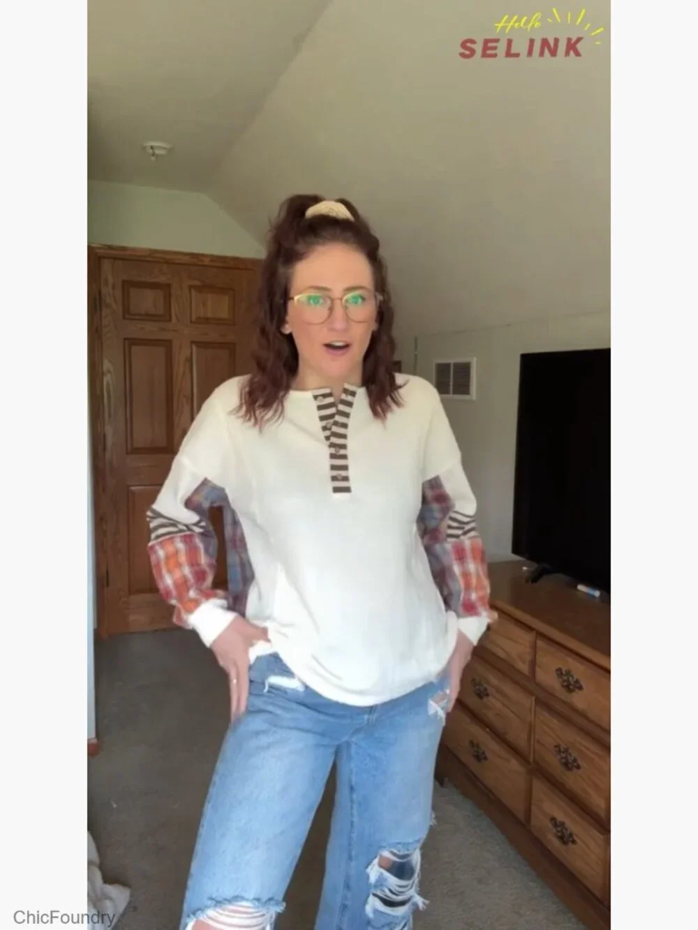 Long Sleeve Henley Waffle Knit Top Patchwork Sweatshirt Relaxed Fit - Picture 7 of 7